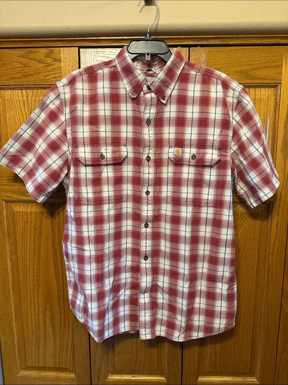 Carhartt Men’s Red and White Plaid Short-Sleeve Button-Down Shirt